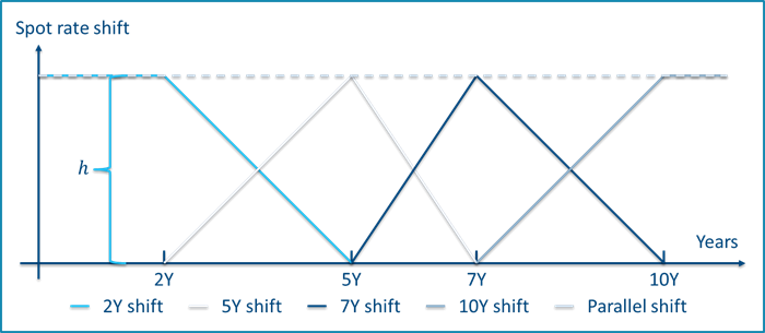 Triangular spot rate shifts defined by maturity points 2Y, 5Y. 7Y and 10Y.